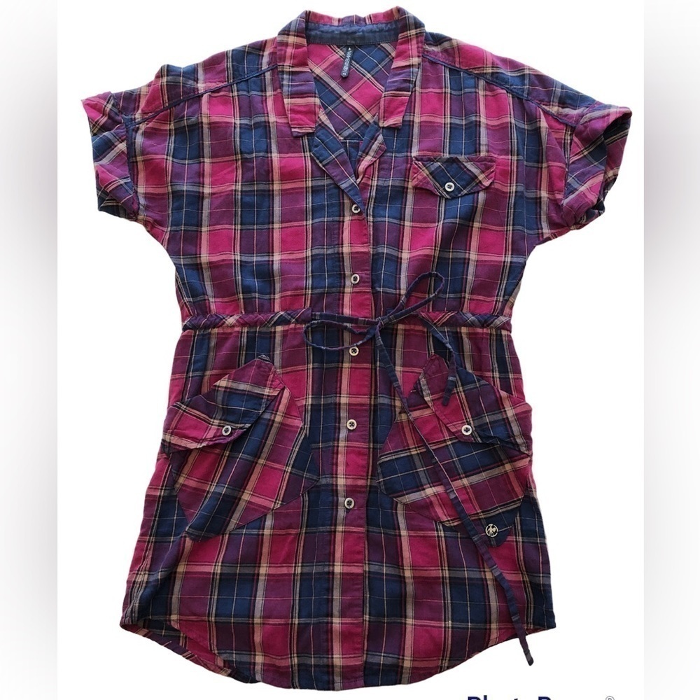 GENTLE FAWN red & blue shirt dress plaid gingham button up mini dress. XS